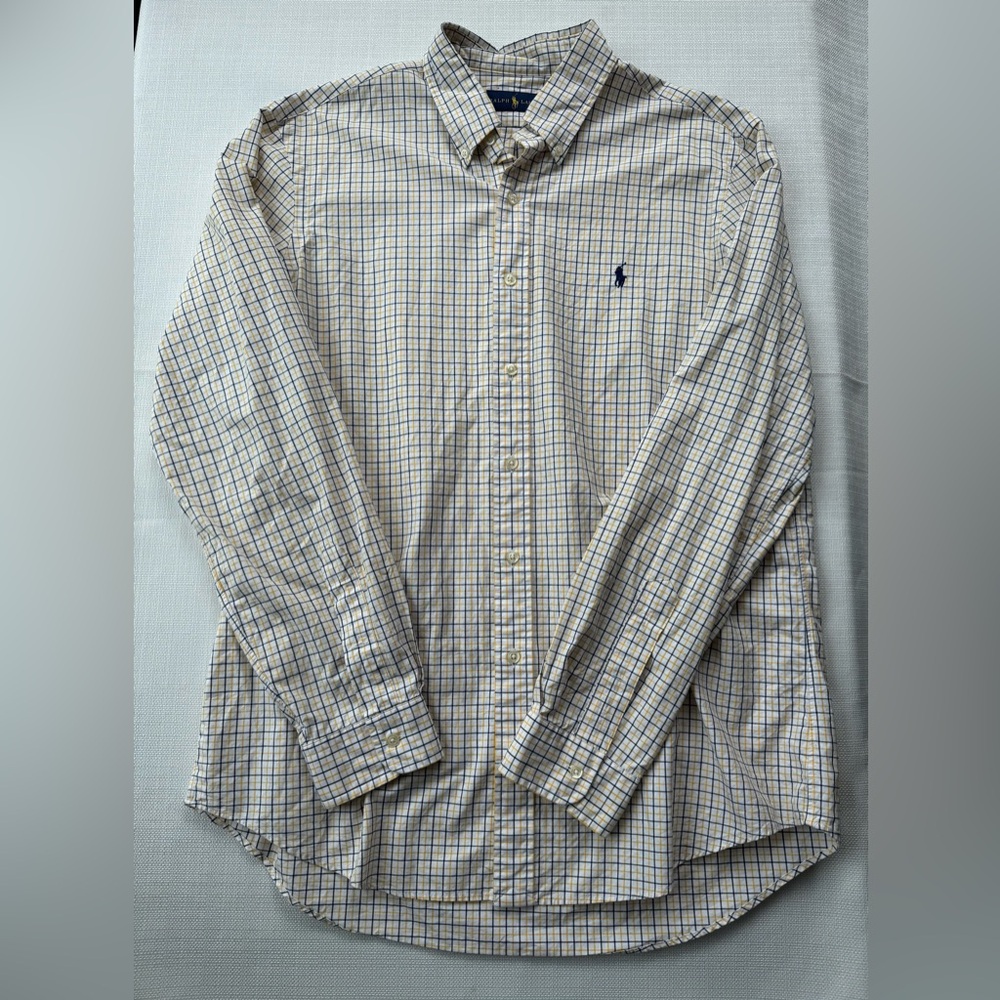 Ralph Lauren 🐎 Yellow Navy Blue Plaid Long Sleeve Button Down Size Large EUC